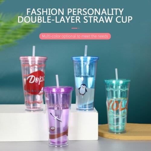 Creative Flash Color Mugs Transparent Large-capacity Straw Cup Student Desk Straw Juice Cup Flat Lid Double Layer Plastic Cup