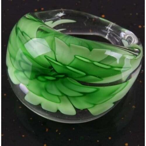 Summer Fashion Transparent Glass Green Flower Liuli Finger Ring For Momen Jewelry Girls Gift