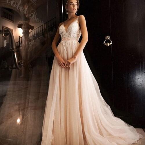 Fashion BohoV Neck Wedding Dresses Appliques Tulle Sweep Train Bridal Gowns свадебное платье 2021