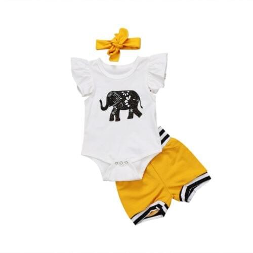 Baby Clothing Newborn Baby Girl Boys Tops Elephant Ruffles Romper+Yellow Bottoms Pants Outfits Set Clothes