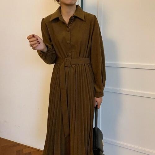 Autumn Corduroy Long Midi Dress Women with Belt Vintage French Party Dress Long Sleeve Elegant Single Breasted Shirts Dress