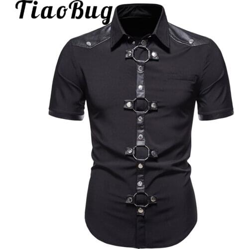Men Punk Faux Leather Patchwork Short Sleeve Shirt Gothic Rivet O Ring Decor Tops for Rock Concert Music Festival Clothes Shirts