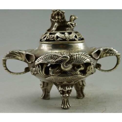 Collectible home Decorated Old Handwork Tibet miao Silver Carved Incense Burner metal handicraft