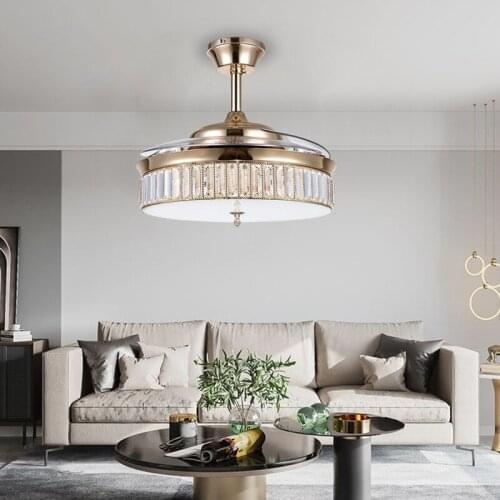Modern Invisible Acrylic Led Ceiling Fan Lights Lustre Crystal Dining Room Led Ceiling Fans Lamp Gold Metal Led Lighting Fixture