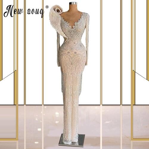 Sparkly Rhinestone Evening Dress V Neck Long Sleeve Beaded Luxury Prom Gown Dubai Vestidos De Fiesta вечернее платье Custom Made