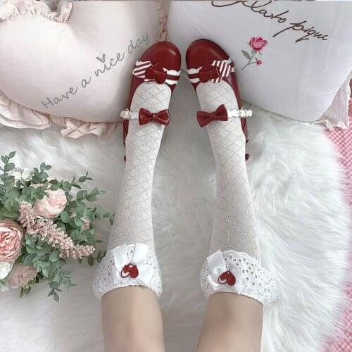 Japanese Women Lolita Socks Kawaii Girls Gothic Sweet Bowknot White Cotton Heart Hollowout Lace Maid Tube Stockings Cos Accessor