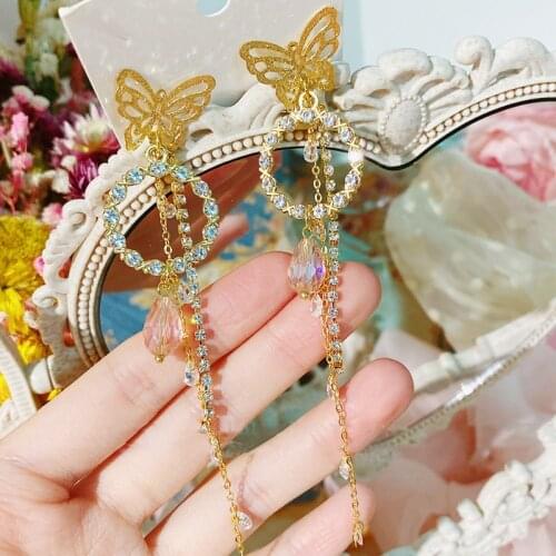 MENGJIQIAO Fashion Korean Metal Hollow Butterfly Drop Earrings For Women Girls Cricle Crystal Long Tassel Pendientes Jewelry