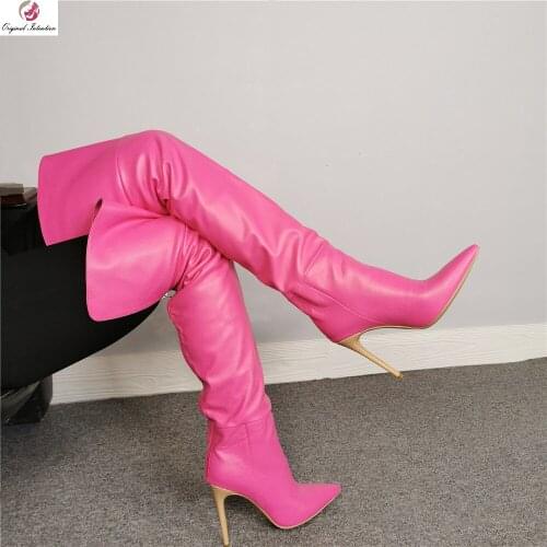 Women Boots PU Leather Pointed Toe Concise Thin High Heels Over The Knee Long Boots Winter Back Zip Fuchsia Casual Party Shoes