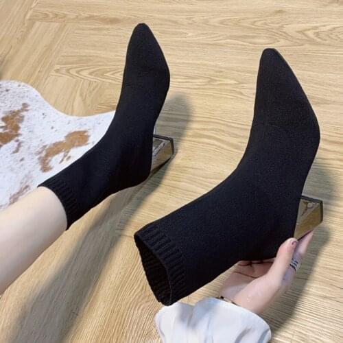 Knitted elastic socks ankle boots women 2019 new web celebrity pointed thick heels high heels skinny Martin boots women shoes