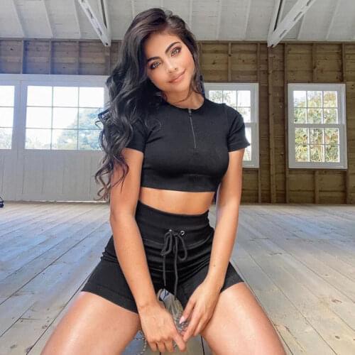 Seamless sports yoga workout clothes short-sleeved shorts suit drawstring zipper new women