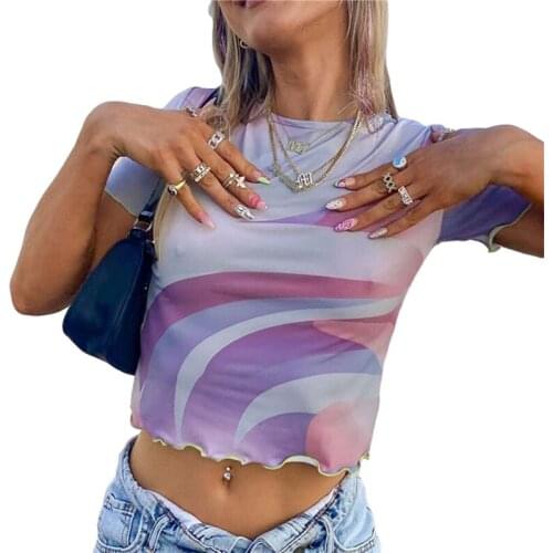 Xingqing Women Y2K Top Casual Short Sleeve T-shirt Fashion Abstract Printing Pullover Tops E-girl 90s Crop Tops Harajuku Shirt