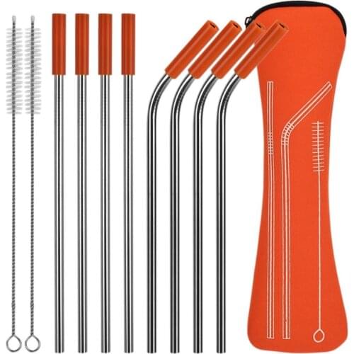 8pcs Reusable Metal Drinking Straws Silicone Tips Cover 304 Stainless Steel Drinking Straws Metal Straw With Brush Set Bar Tool