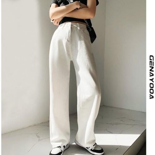 Genayooa Streetwear Boyfriend Jeans For Women Jeans High Waist Korean Style Wide Leg Pants Denim Summer 2021 Mom Jeans Fashion
