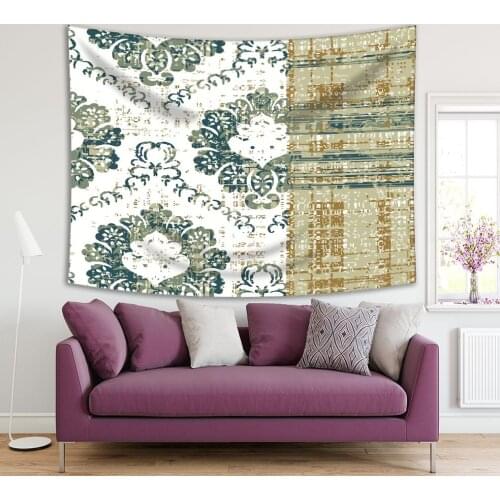 Tapestry Vintage Damask Checked Pattern Antique Aged Look Decorating Artwork Beige Green White
