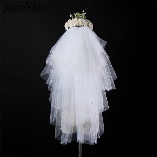 JaneVini 2019 Elegant Ivory Bridal Short Tulle Veils with Comb Multi Layers Pearls Elbow Length Veil Puffy Wedding Accessories