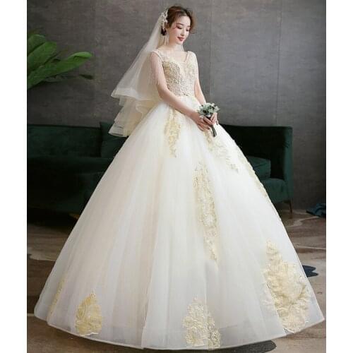 Real Fashion With Tassel Appliques Champgne Lace V-Neck Wedding Dresses 2021 New Luxury Ball Gown Wedding Dress Vestido De Noiva