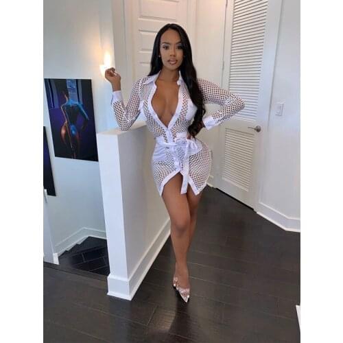 Echoine Summer Fishnet Hollow Out See Through V-neck Shirt Dress Sexy Dresses