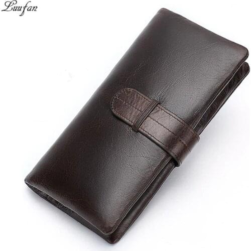 Luufan Genuine Leather Long Wallet For Man Vintage Cowhide Clutch Purse Card Coin Pocket Men Wallets Male Hasp Phone Pouch Black