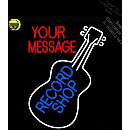 Record Shop Block Neon Sign Guitar Real GLASS Tube Handcraft Light Signs Bright Color Taylo Guitar Personalized Custom Neon Sign