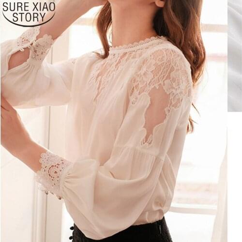 Fashion Shirts O-neck Sexy Hollow Out White Lace Long Sleeve Blouses Women Lantern Sleeve Elegant Tops Women Blusas Mujer 10226