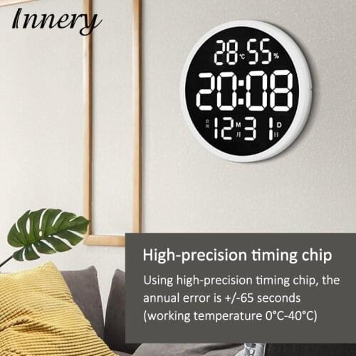 Simple Design Living Room LED Round Wall Clock Digital Display Temperature and Humidity Date Display Alarm Clock Home Decoration