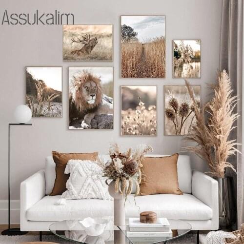 Lion Deer Canvas Painting Hay Reed Wall Art Poster Landscape Paintings Grass Print Nordic Posters And Prints Living Room Decor