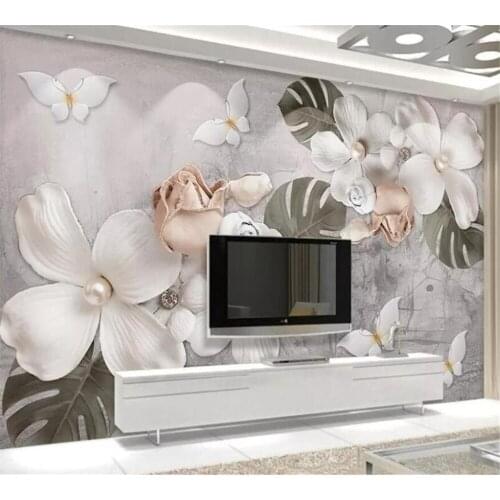 Beibehang Wallpaper custom living room mural 3D embossed fashion white four petals pearl flower Nordic retro home background