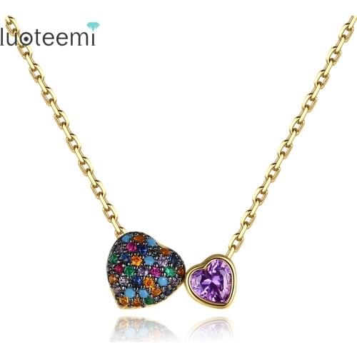LUOTEEMI Double Purple Heart Women Necklaces Gold Color High Quality Cubic Zirconia Jewelry Collares Para Mujer Friends Gifts