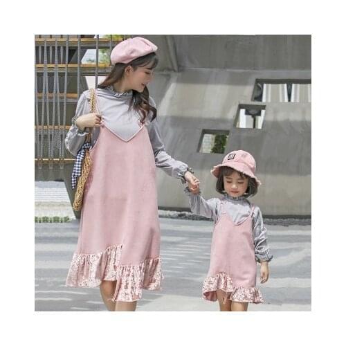 Family Look High Quality T-shirt Dress Suit Mother Daughter Dresses Fashion Ruffles Suspender 2pcs Autumn Long Sleeve Outfits