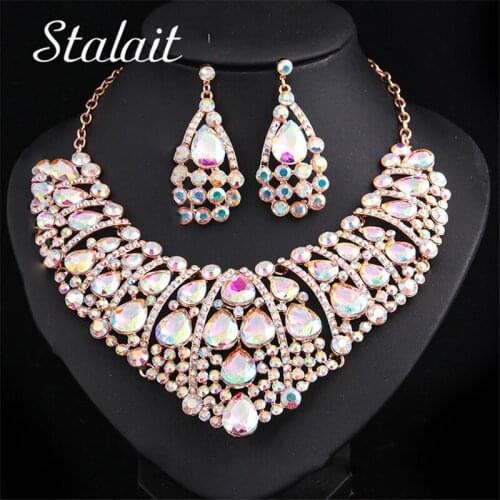 Chic Dubai Crystal AB Color Crystal Necklace Earrings Bridal Jewelry Sets Brides Party Wedding Costumer Accessories Decoration