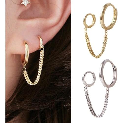 1PCS Korean Stainless Steel Earrings Double Round Fashion Tassel Retro Long Chain Hoop Metal Earrings Jewelry Wholesale