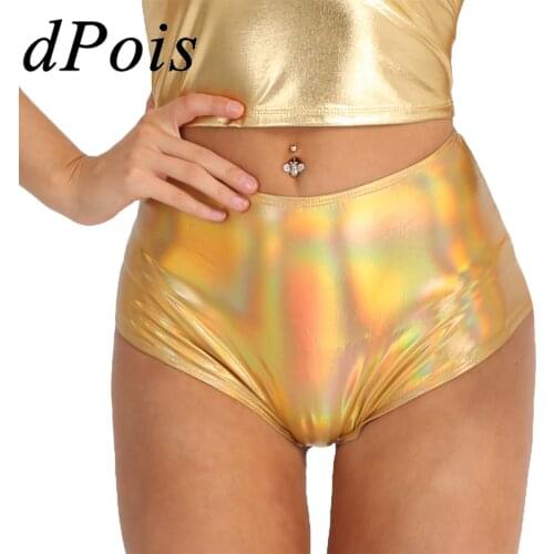 Women Leather Booty Shorts Ladies Shiny Metallic Short Pants Back Zipper High Waist Brief Style Bottoms For Dance Rave Nightclub