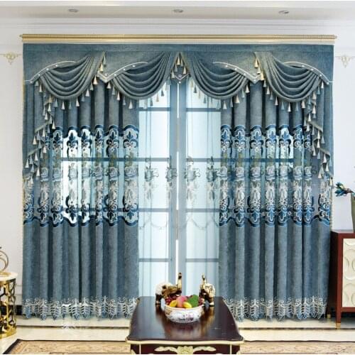 European Style Curtains for Living Dining Room Bedroom Light Luxury Blue Chenille Embroidered Curtains Custom