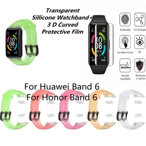 Silicone Transparent Strap For Huawei Band 6 Replacement Sport For Honor Band 6 Free gift 2 pcs Hydrogel Soft Protective Film