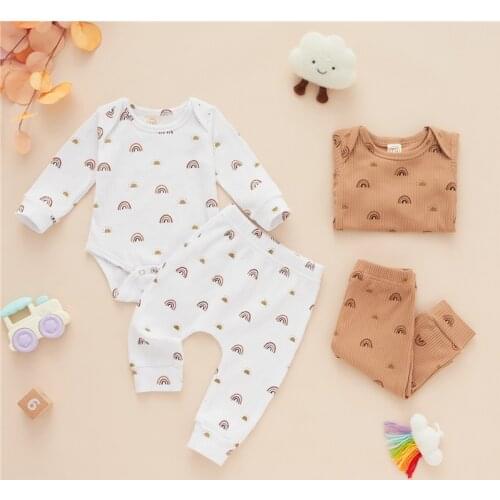 Lioraitiin 0-12M 2Pcs Tracksuit Long Sleeve Rainbow Print Casual O-Neck Bodysuit Tops+Pants Outfit Sets Sleepwear Loungewear