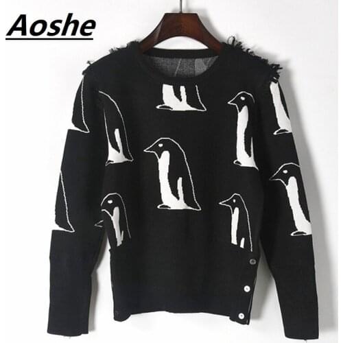 Aoshe Sweater For Women 2018 New Designer Jumper Winter Long Sleeve Tassel Penguin Jacquard Knitted Sweaters Casual Pullover Top