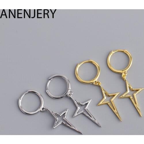 ANENJERY 925 Sterling Silver Cross Star Hollow Earrings Geometric Hoop Earrings For Women S-E1087