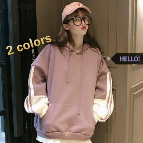 Hoodies Women Patchwork Hooded Plus Velvet Winter Warm Harajuku Sweet Simple Students Pullover Big Pocket All-match Casual Chic