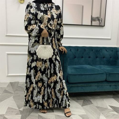 2021 Spring New Fashion Lady Style Printed Pleated Skirt Muslim Ladies Long Modest Dress For All Seasons Muslim Woman Kimono