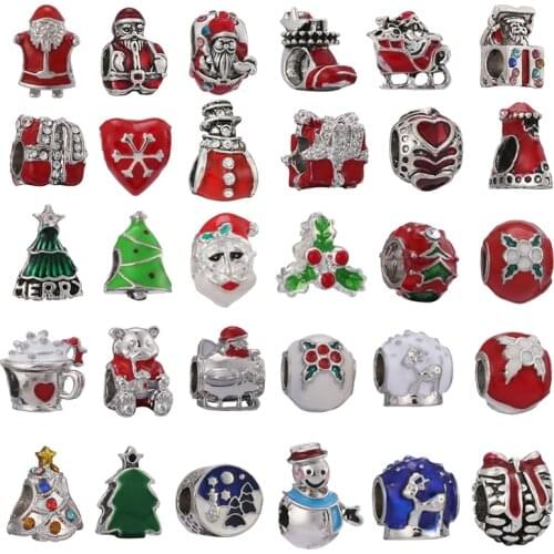 2Pcs/Lot High Quality Christmas Style Charm Beads Fit Silver Plated Charm Bracelets For Women Kids Christmas Jewelry Gift Making