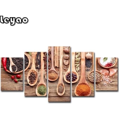5 Piece Spoon Grains Spices Home Decor 5d diy diamond painting full square round diamond painting mosaic embroidery cross stitch
