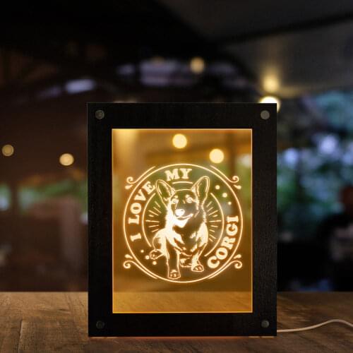 I Love my Welsh Corgi Dog Breed Wooden LED Night Light Display Frame Puppy Pet Store Decor Gift For Dog Owner Funny Cute Corgi
