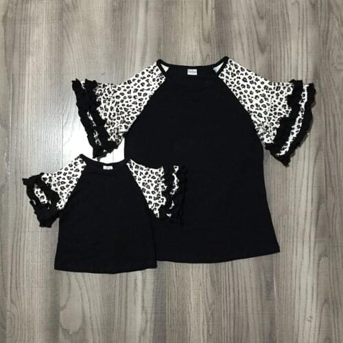 Girlymax Summer Baby Girls Mommy &me Raglans Boutique Leopard Black Cotton Top Shirt Children Clothes Short Sleeve Kids Clothing