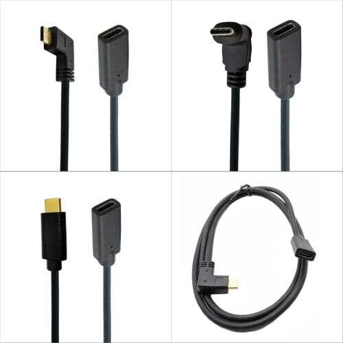 Gold Type-C USB 3.1 Male to USB-C Female 90 degree Extension Data Cable Extender Cord Reversible Design 10Gb/s 0.3m 0.6m 1m 1.8m