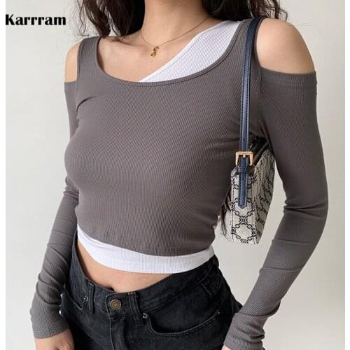 Karrram Korean Fake Two Piece Tops Irregular Patchwork Crop Top Women Off Shoulder Hollow Out Long Sleeve T Shirts Sexy Slim Top
