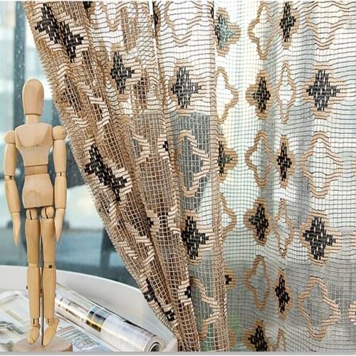Coffee Geometric Four-Leaf Clover Mesh Tulle Curtains for Living Room White Hollow Birds Nest Grid Voile For Bedroom Drapes #4