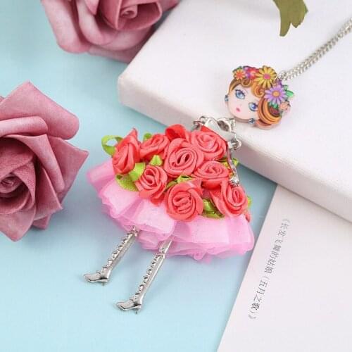 Creative Handmade Color Flower Dress Girl Fairy Doll Necklace Sweater Fabric Crafts Women Jewelry Children Gift Dropshipping