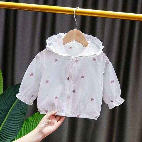 Baby Girls Jacket Summer Sun Protection Clothing for Girls Kids Heart Print Hooded Tops Cute Bow Thin Coat for Children Clothes
