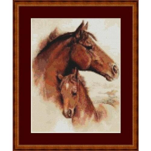 Hot Mothers Love Brown Mare and Foal Horses Counted Cross Stitch Pattern with 100% Cotton Floss & Free Shipping for Wall Decor