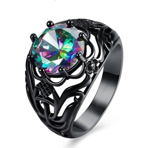 Statement Large Round Crystal Hollow Flower Rings For Lovers Black Silver Color Stainless Steel Rings Fashion Jewelry